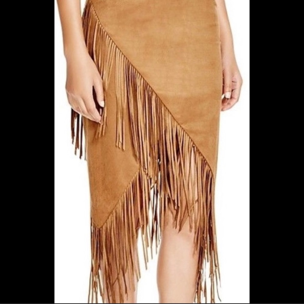 Olivaceous Faux Suede Camel Fringe Skirt